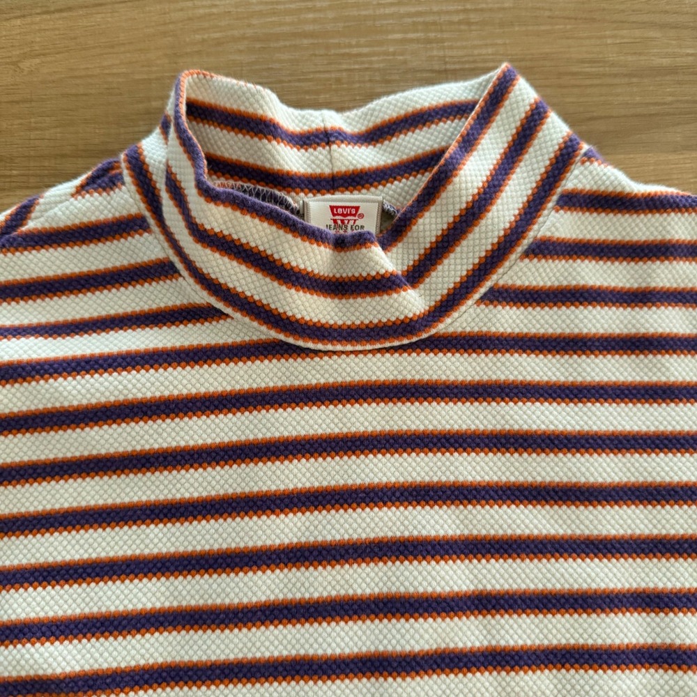 Levis Jeans for Women Vintage Mock Neck Striped Short Sleeve Top Orange Purple M - Picture 2 of 8